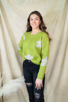 Daisy Lime Floral Print Loose Fit Sweater