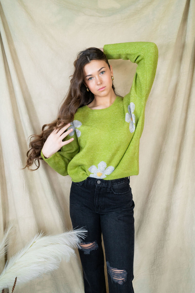 Daisy Lime Floral Print Loose Fit Sweater