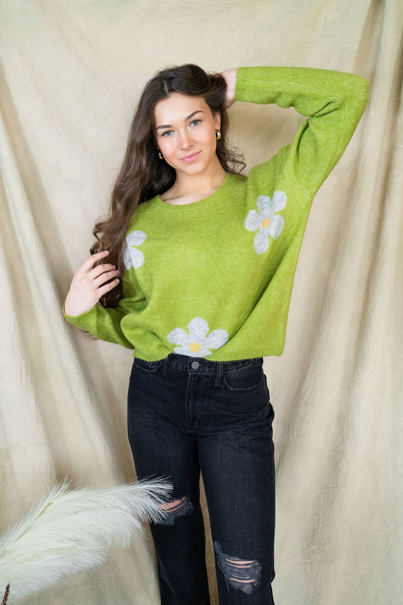 Daisy Lime Floral Print Loose Fit Sweater